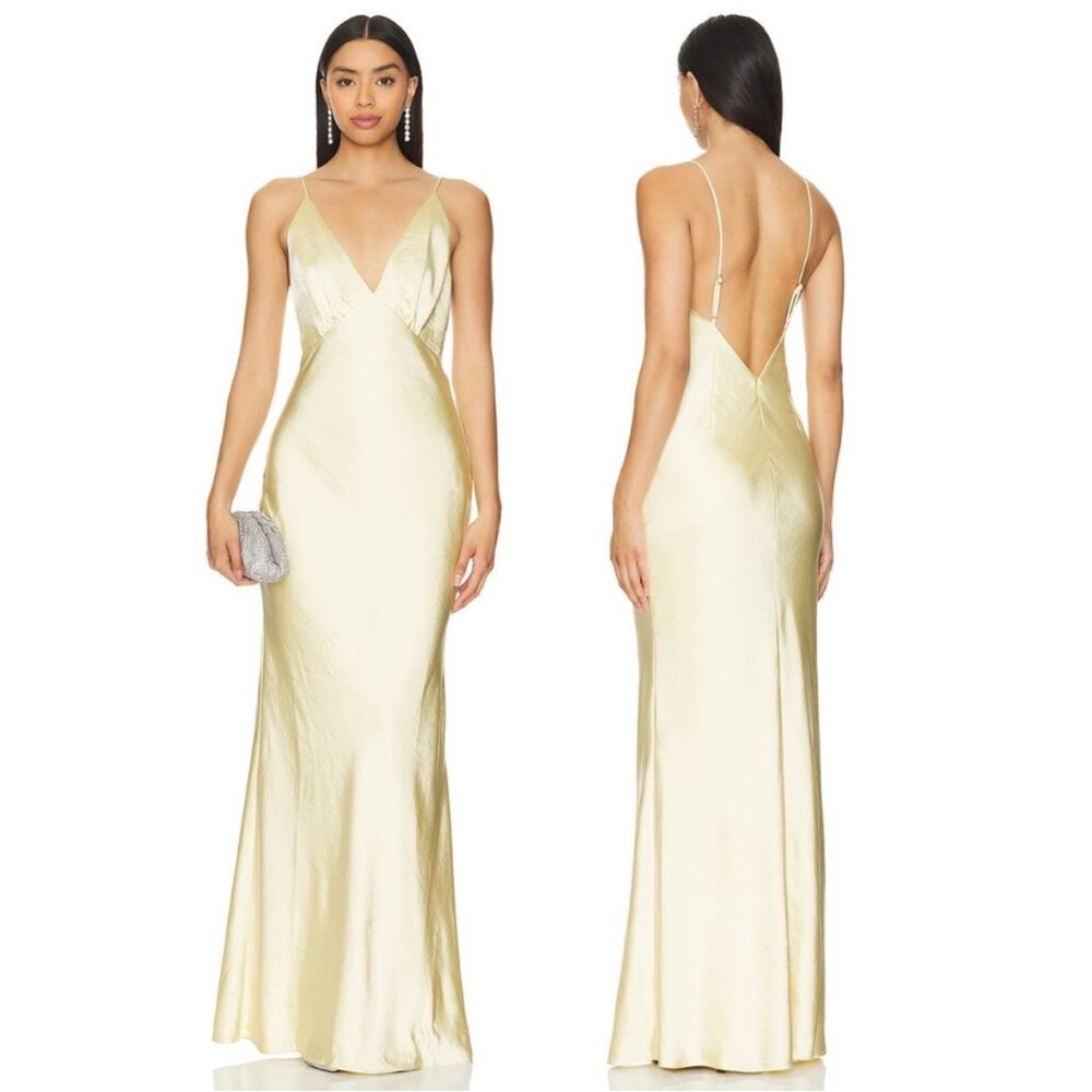 Lovers and Friends Alani Gown Maxi Dress Satin Adjustable Strap Baby Yellow Sz S